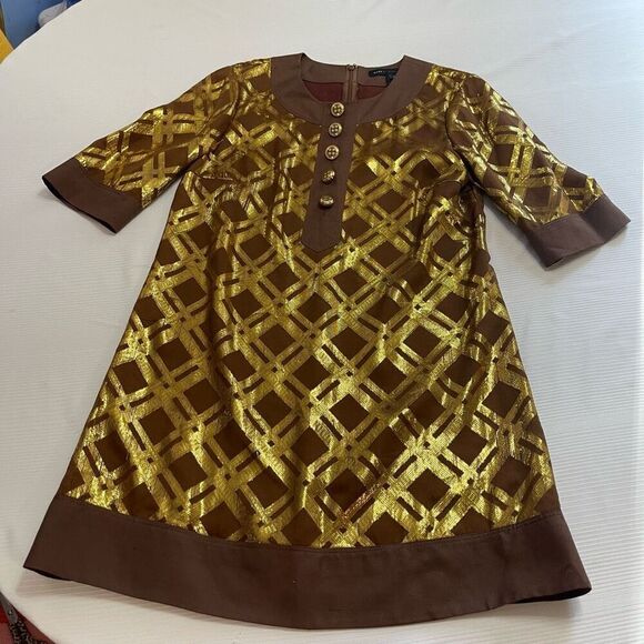 Marc By Maarc Jacobs Retro VTG Brown Gold Silk Metallic Dress Size 6 - Picture 1 of 8